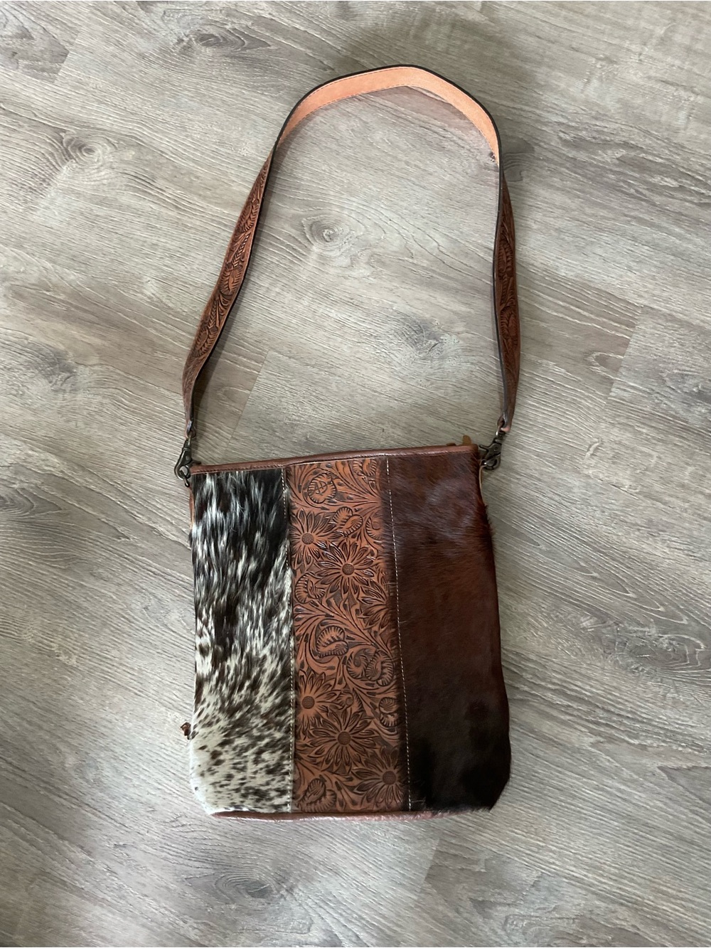 Leather and Haircalf Crossbody Bag in Brown